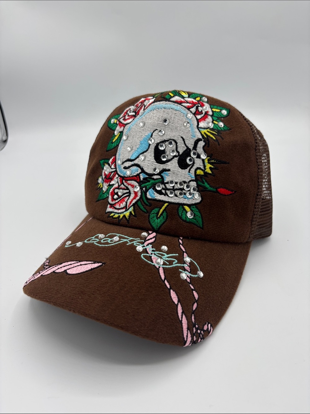Vintage Ed Hardy Brown Trucker Hat with Embroidered Skull & Roses